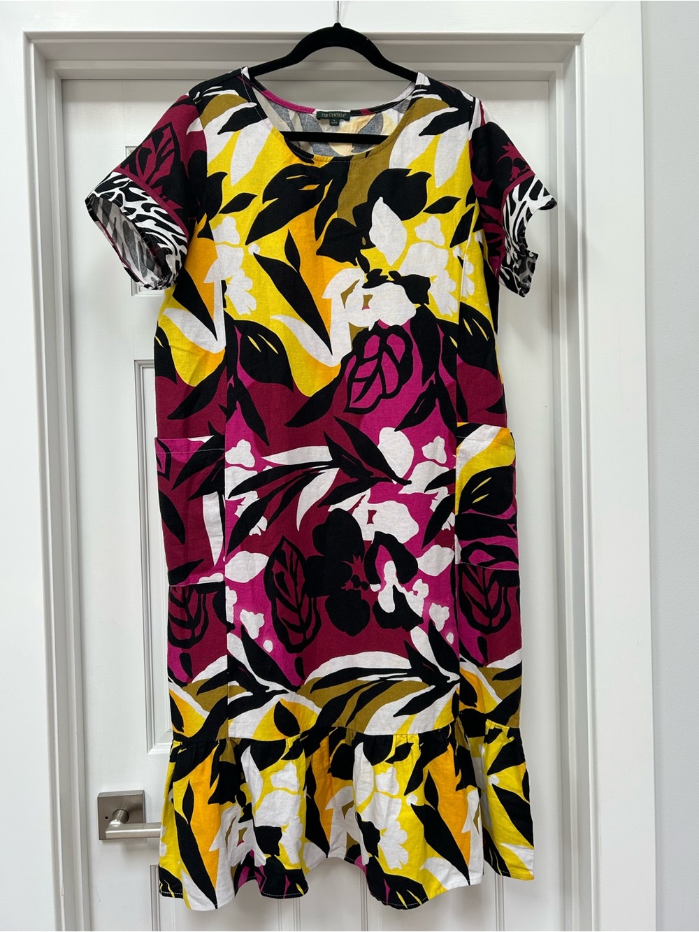 For Cynthia Floral Midi Dress in Magenta, Yellow, Black and White